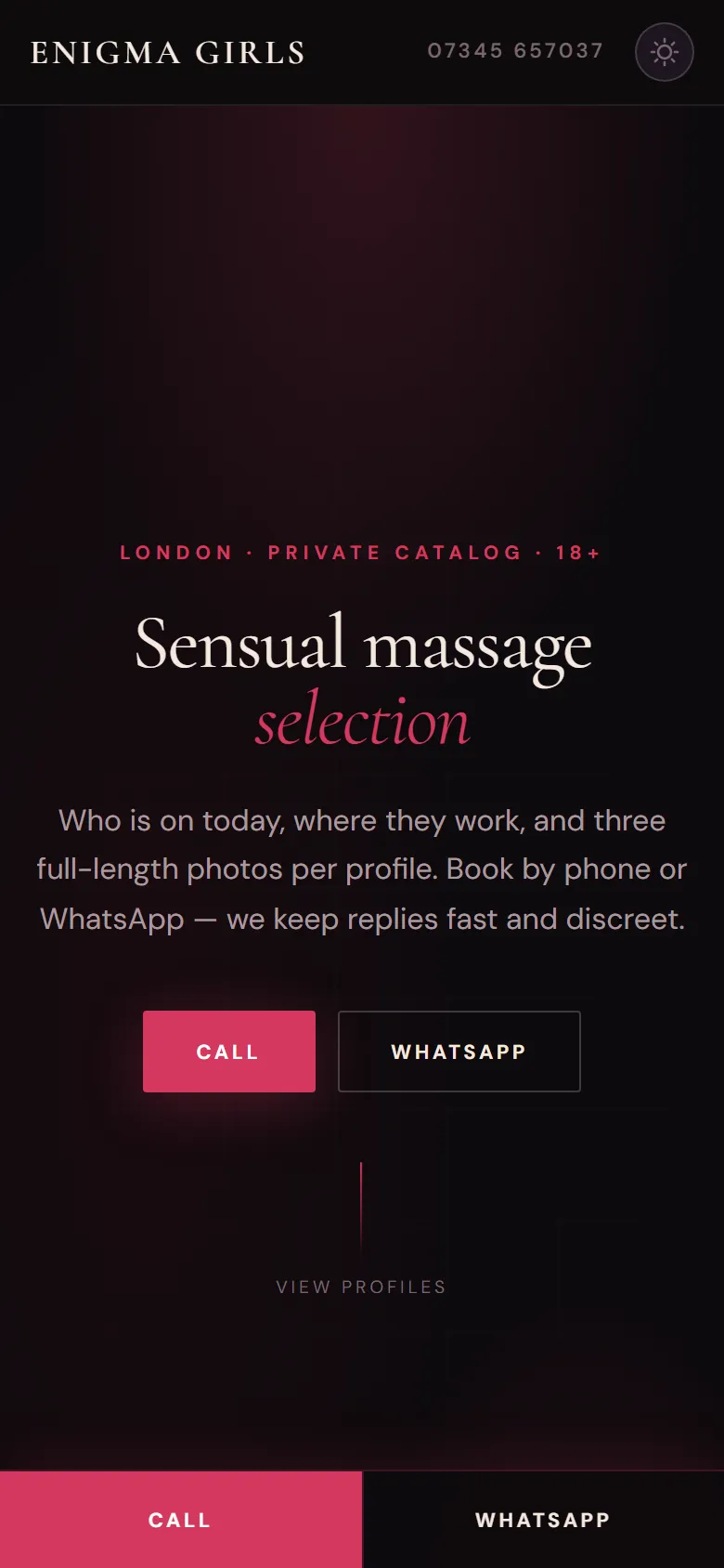 Mobile screenshot of the Enigma Girls website