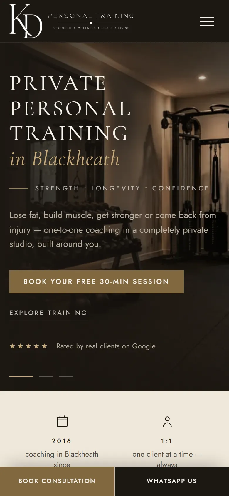 Mobile screenshot of the KD Personal Training website