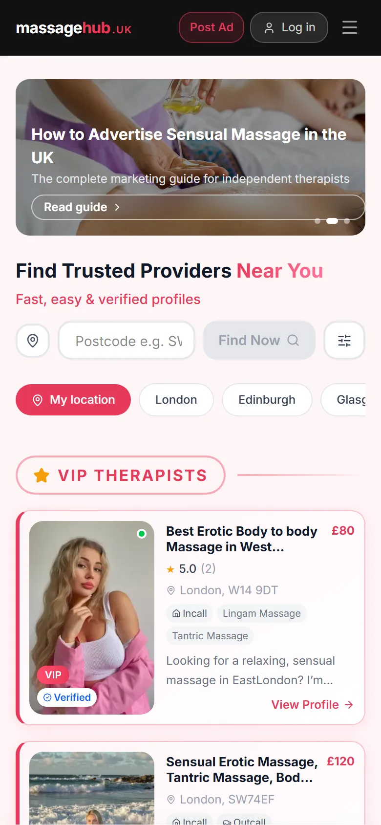 Mobile screenshot of the MassageHub.uk website