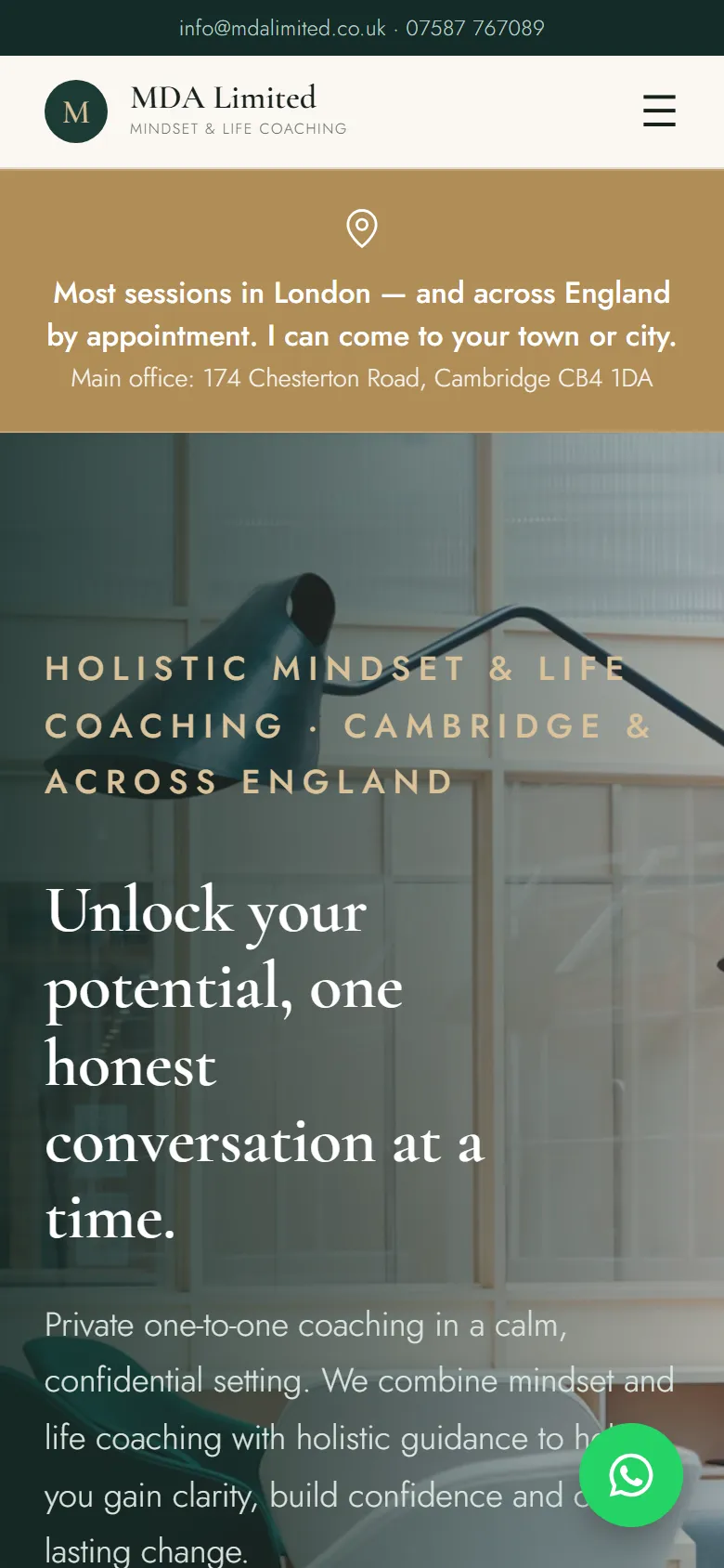 Mobile screenshot of the MDA Coaching website