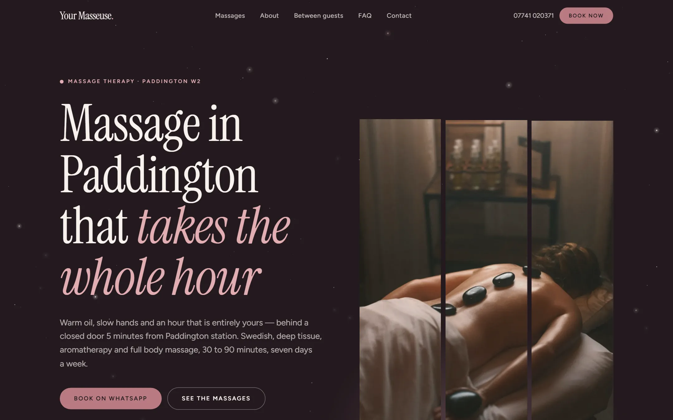 Screenshot of the Your Masseuse website homepage